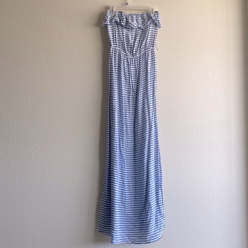 Light Blue and White Striped strapless maxi dress